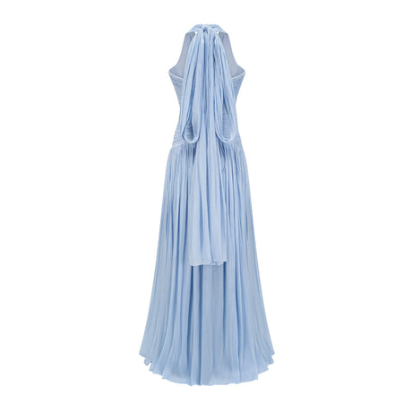 Vraie Plunging V-Neck Pleated Maxi Dress / Blue