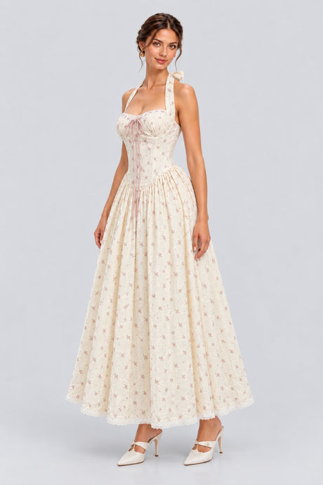 Domitille Floral Halter Corset Maxi Dress - White_-_selmori.com_-_05