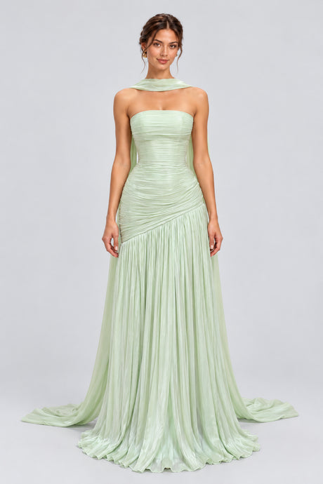 Eliorane Strapless Ruched Pleated Maxi Dress with Neck Sash - Light Green_-_selmori.com_-_01