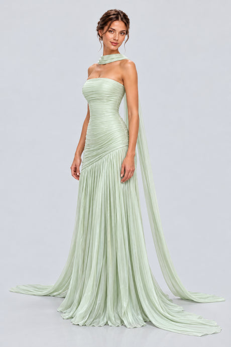 Eliorane Strapless Ruched Pleated Maxi Dress with Neck Sash - Light Green_-_selmori.com_-_05