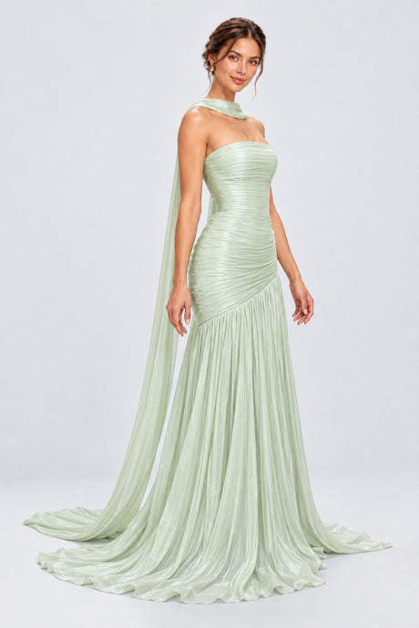 Eliorane Strapless Ruched Pleated Maxi Dress with Neck Sash - Light Green_-_selmori.com_-_06