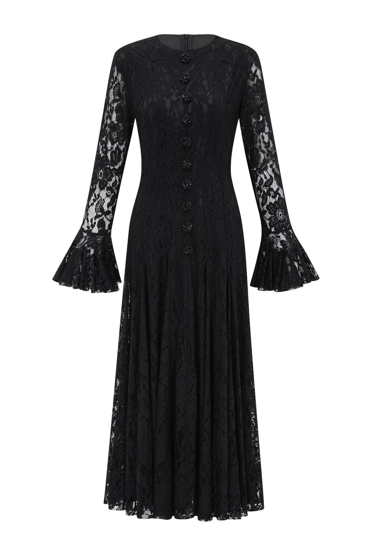 Élodiane Jewel-Button Bell-Sleeve Lace Maxi Dress - Black_-_selmori.com_-_03