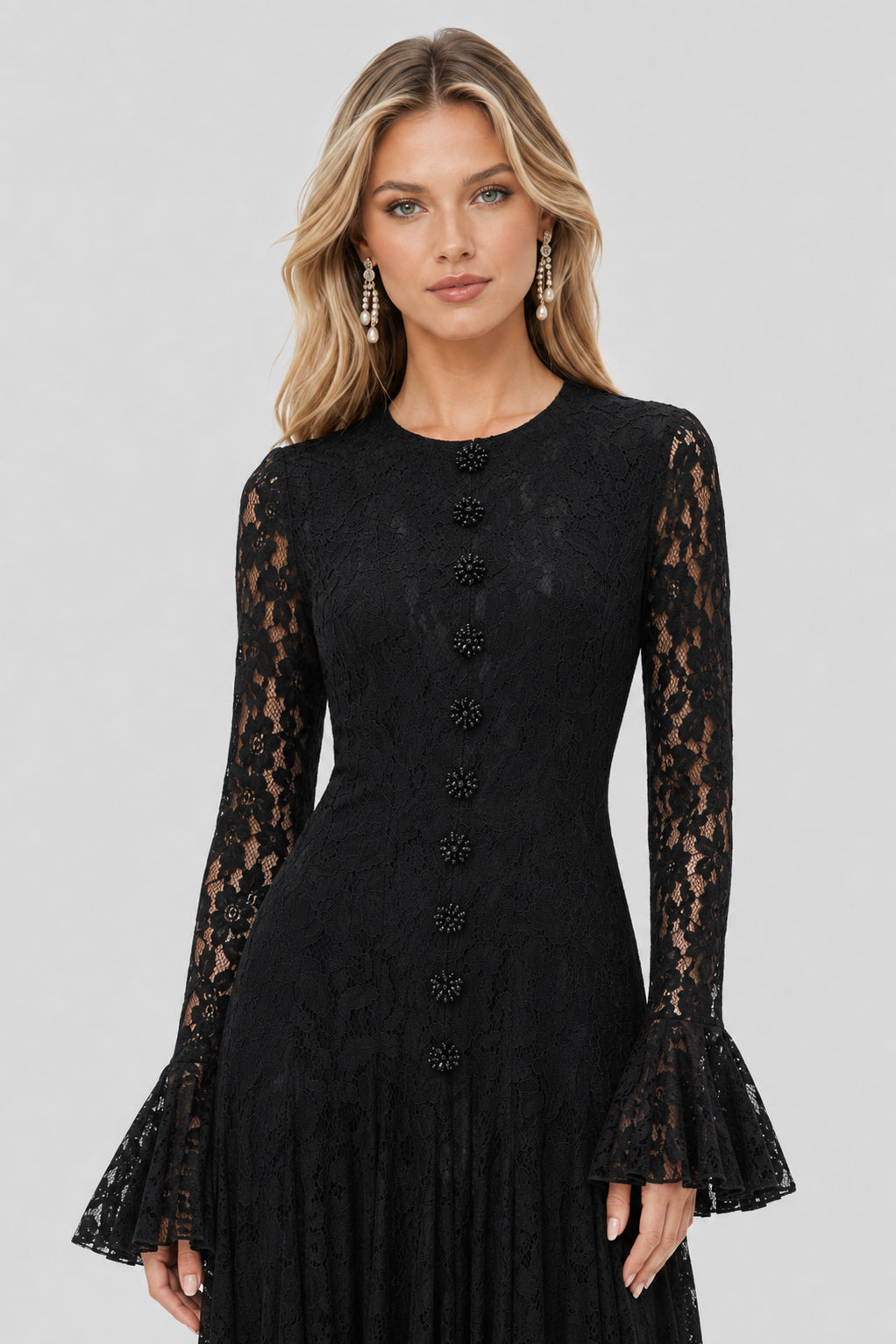 Élodiane Jewel-Button Bell-Sleeve Lace Maxi Dress - Black_-_selmori.com_-_07