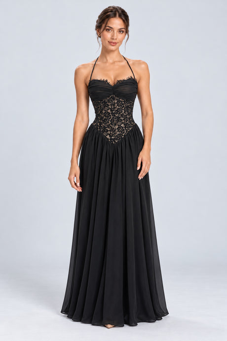 Élodine Halter Lace Corset Chiffon Maxi Dress - Black_-_selmori.com_-_01