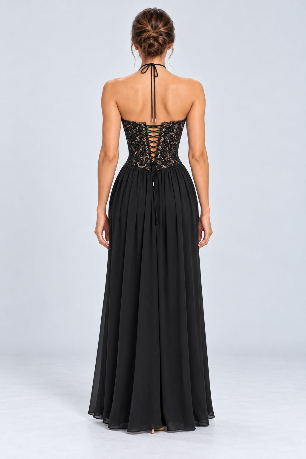 Élodine Halter Lace Corset Chiffon Maxi Dress - Black_-_selmori.com_-_02