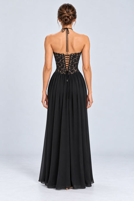 Élodine Halter Lace Corset Chiffon Maxi Dress - Black_-_selmori.com_-_02