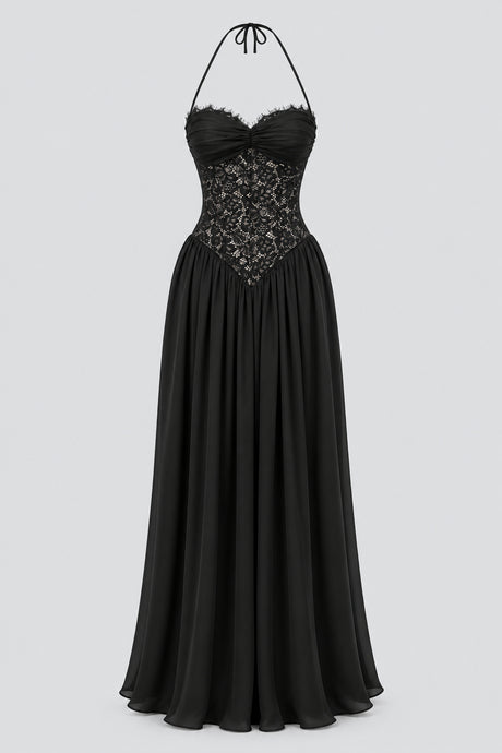 Élodine Halter Lace Corset Chiffon Maxi Dress - Black_-_selmori.com_-_03