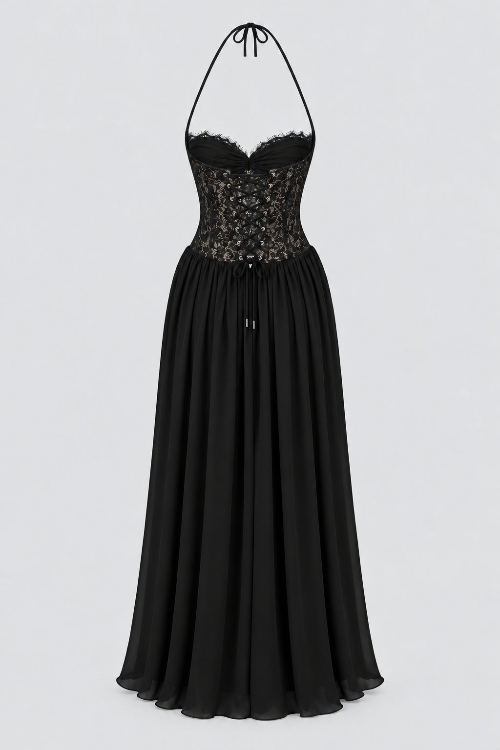 Élodine Halter Lace Corset Chiffon Maxi Dress - Black_-_selmori.com_-_04