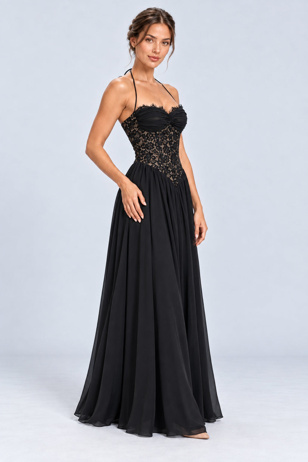 Élodine Halter Lace Corset Chiffon Maxi Dress - Black_-_selmori.com_-_06