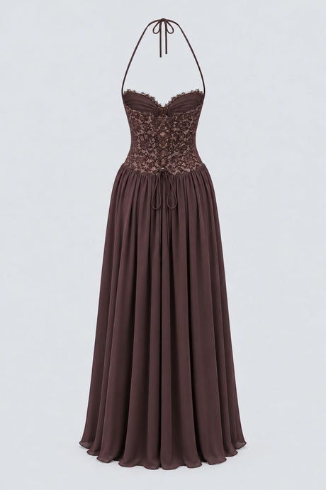 Élodine Halter Lace Corset Chiffon Maxi Dress - Brown_-_selmori.com_-_04