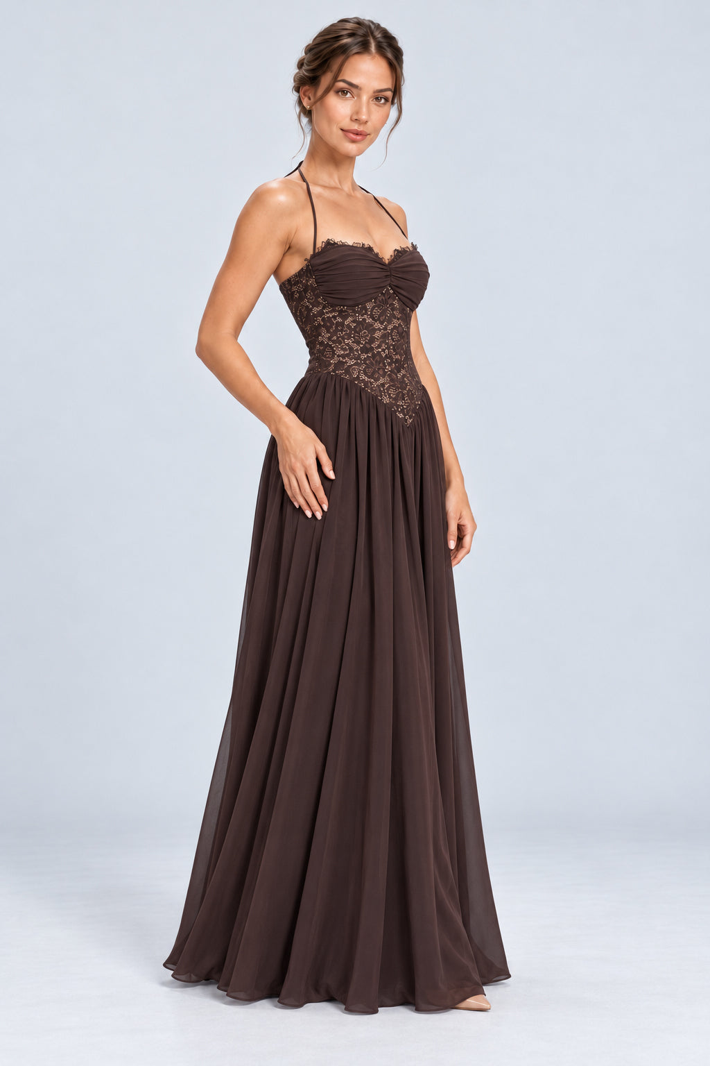 Élodine Halter Lace Corset Chiffon Maxi Dress - Brown_-_selmori.com_-_06