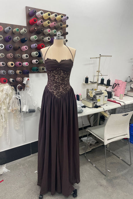 Élodine Halter Lace Corset Chiffon Maxi Dress - Brown_-_selmori.com_-_08