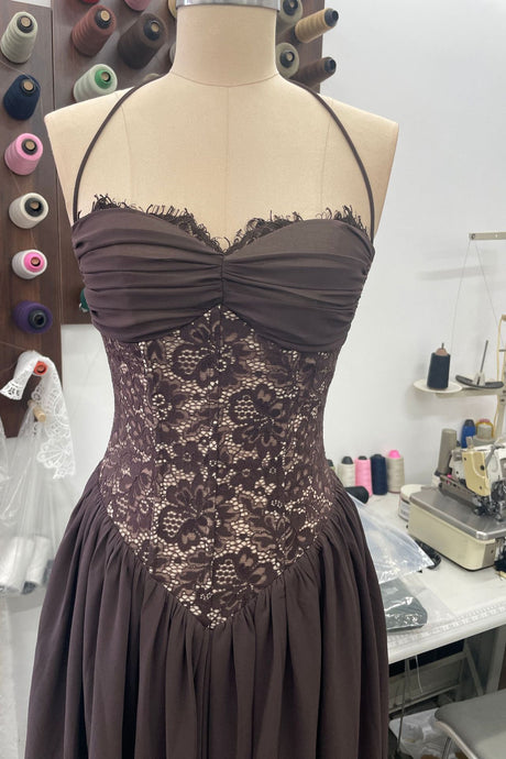 Élodine Halter Lace Corset Chiffon Maxi Dress - Brown_-_selmori.com_-_09