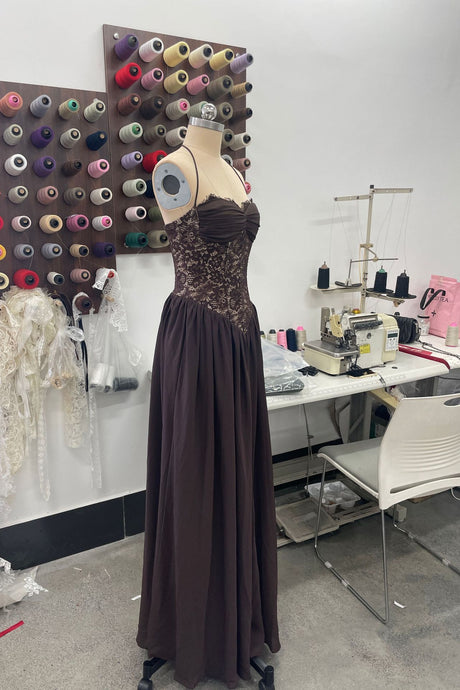 Élodine Halter Lace Corset Chiffon Maxi Dress - Brown_-_selmori.com_-_12