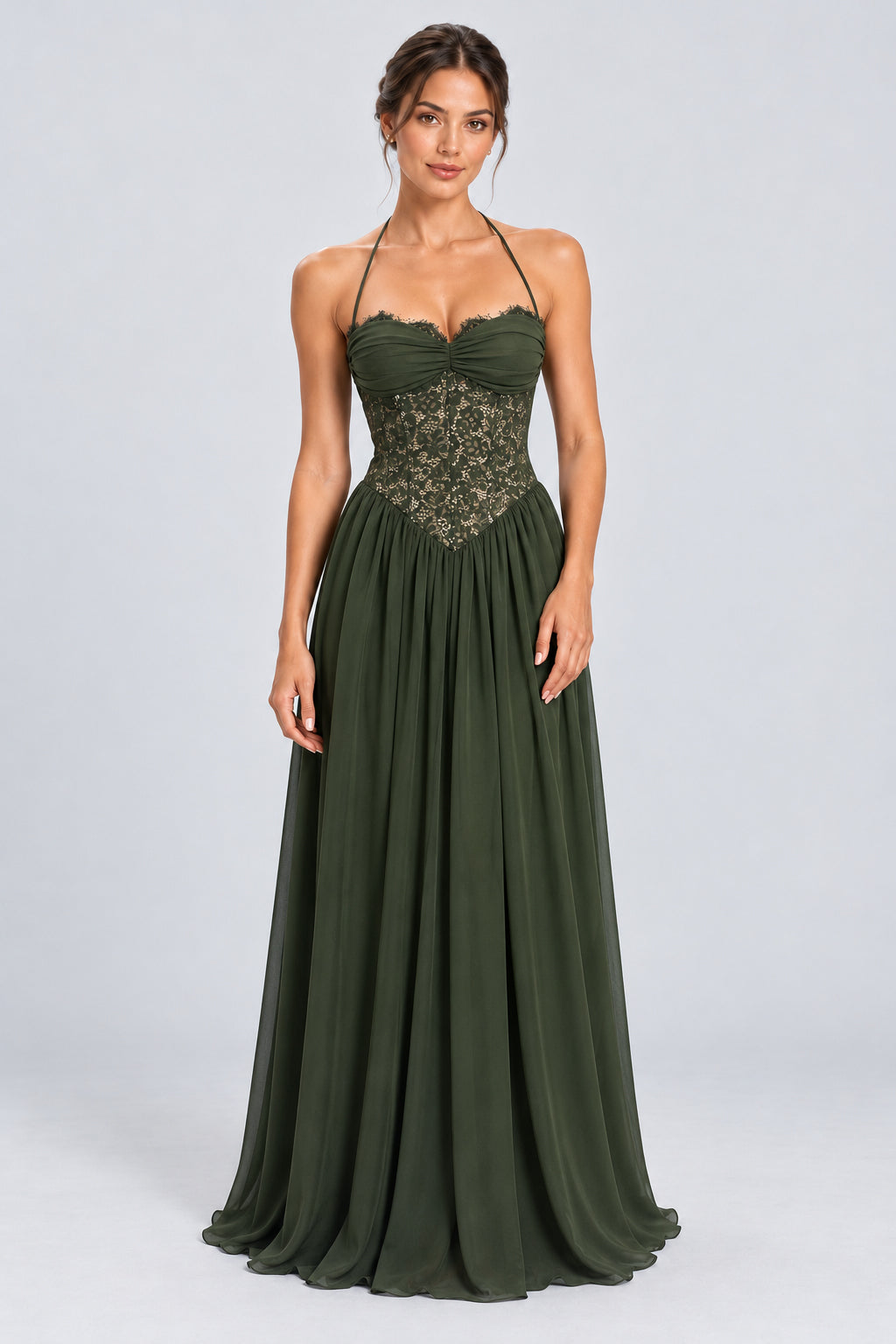 Élodine Halter Lace Corset Chiffon Maxi Dress - Dark Green_-_selmori.com_-_01