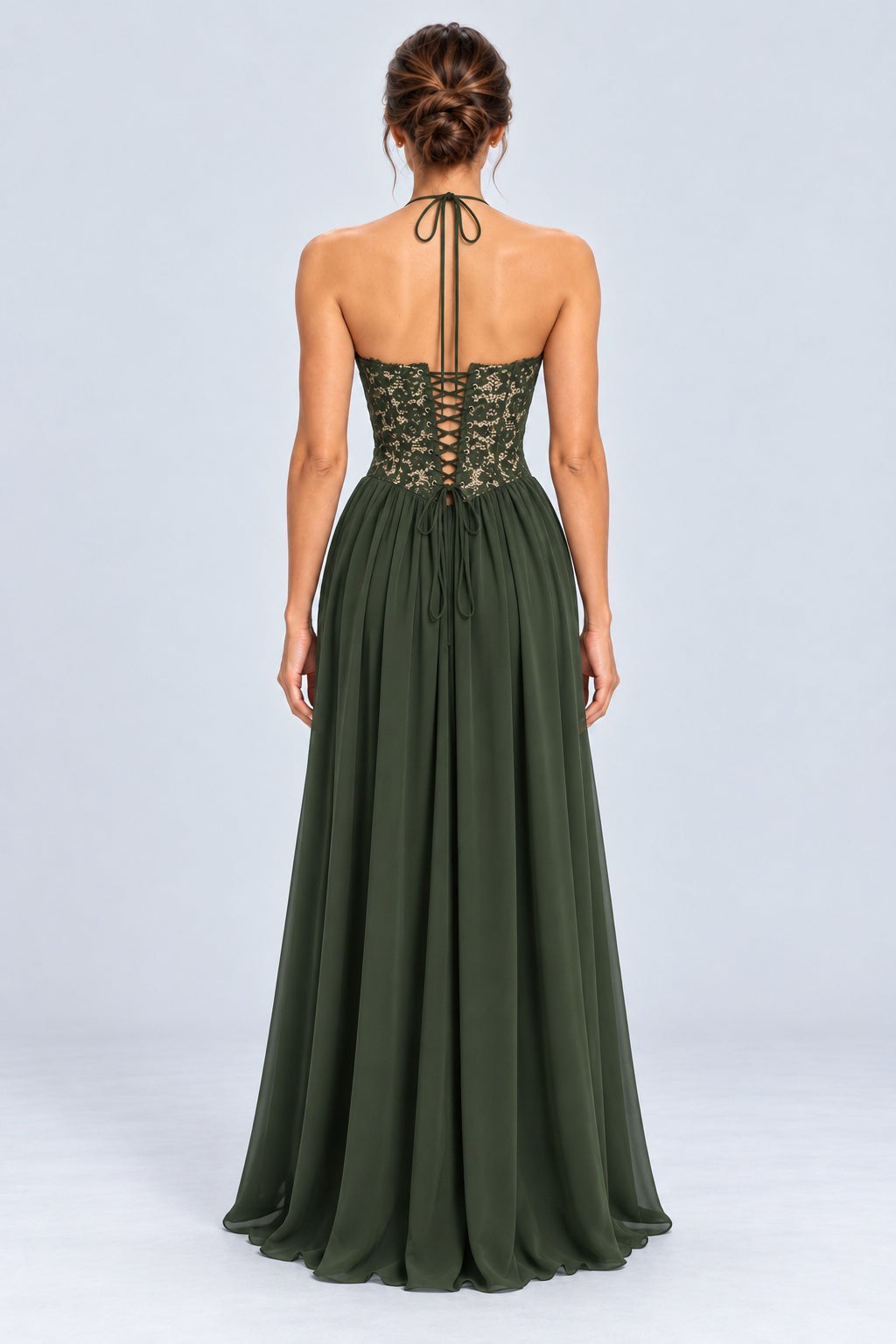 Élodine Halter Lace Corset Chiffon Maxi Dress - Dark Green_-_selmori.com_-_02