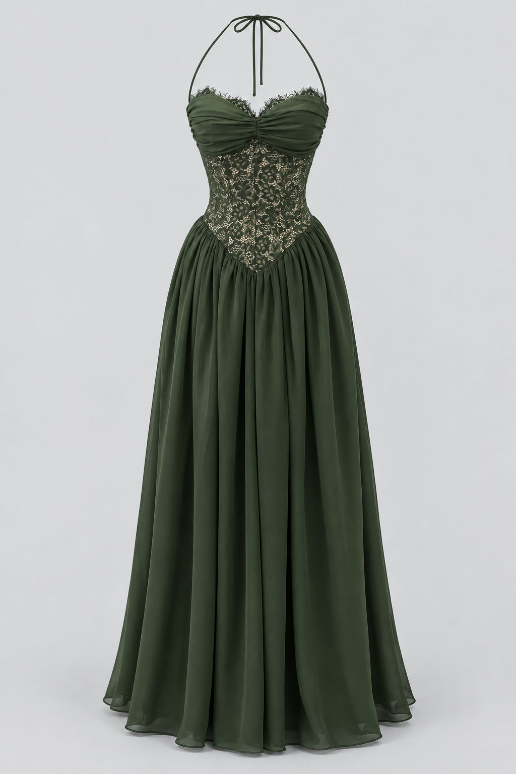 Élodine Halter Lace Corset Chiffon Maxi Dress - Dark Green_-_selmori.com_-_03