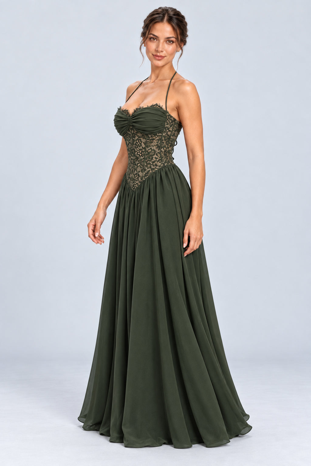 Élodine Halter Lace Corset Chiffon Maxi Dress - Dark Green_-_selmori.com_-_05