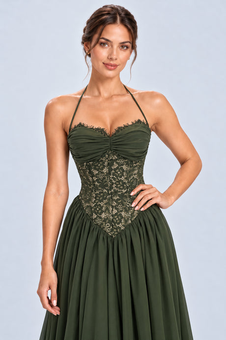 Élodine Halter Lace Corset Chiffon Maxi Dress - Dark Green_-_selmori.com_-_07