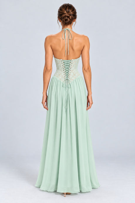 Élodine Halter Lace Corset Chiffon Maxi Dress - Mint Green_-_selmori.com_-_02