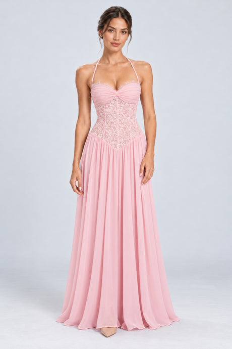 Élodine Halter Lace Corset Chiffon Maxi Dress - Pink_-_selmori.com_-_01