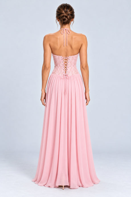 Élodine Halter Lace Corset Chiffon Maxi Dress - Pink_-_selmori.com_-_02