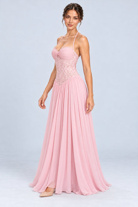 Élodine Halter Lace Corset Chiffon Maxi Dress - Pink_-_selmori.com_-_05