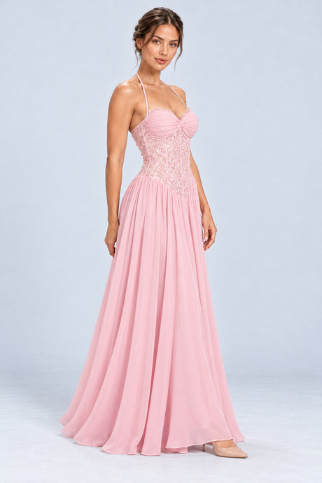Élodine Halter Lace Corset Chiffon Maxi Dress - Pink_-_selmori.com_-_06