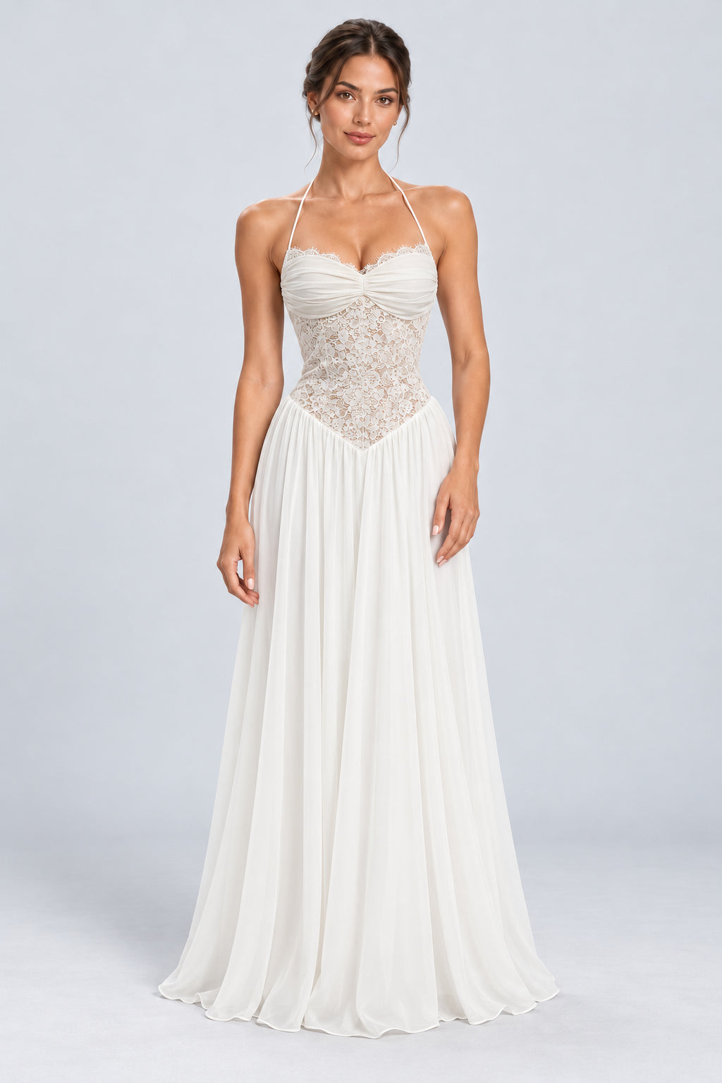 Élodine Halter Lace Corset Chiffon Maxi Dress - White_-_selmori.com_-_01