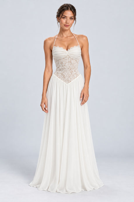 Élodine Halter Lace Corset Chiffon Maxi Dress - White_-_selmori.com_-_01