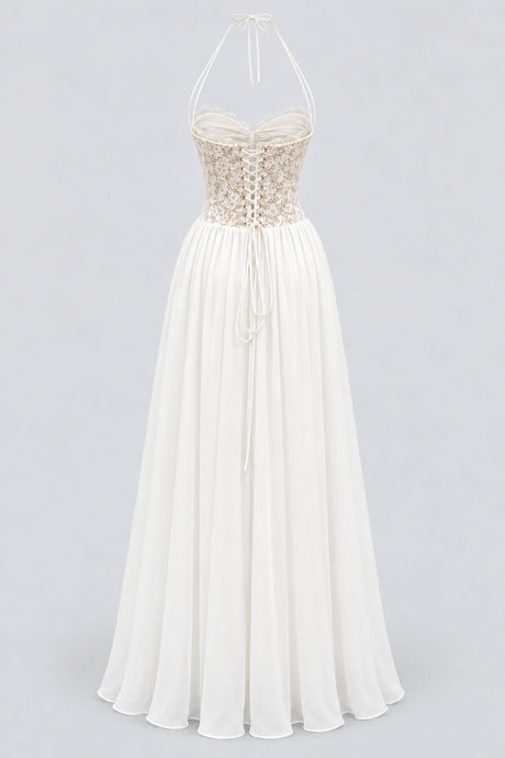 Élodine Halter Lace Corset Chiffon Maxi Dress - White_-_selmori.com_-_04