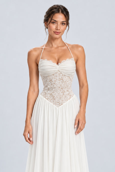 Élodine Halter Lace Corset Chiffon Maxi Dress - White_-_selmori.com_-_07