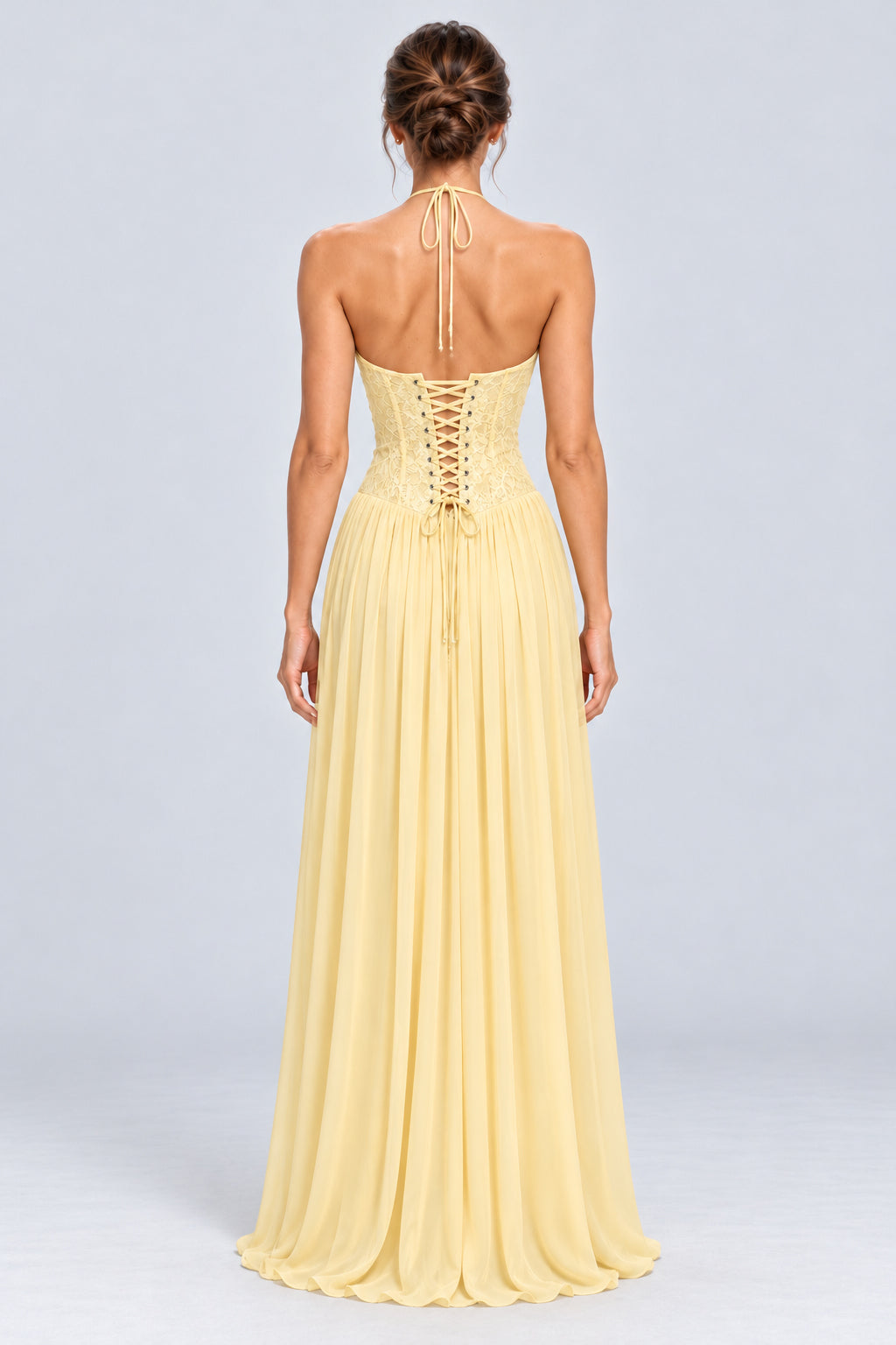 Élodine Halter Lace Corset Chiffon Maxi Dress - Yellow_-_selmori.com_-_02