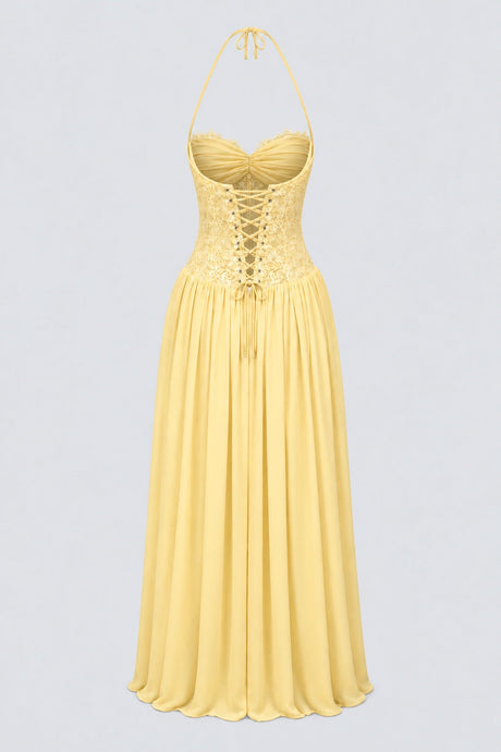 Élodine Halter Lace Corset Chiffon Maxi Dress - Yellow_-_selmori.com_-_04