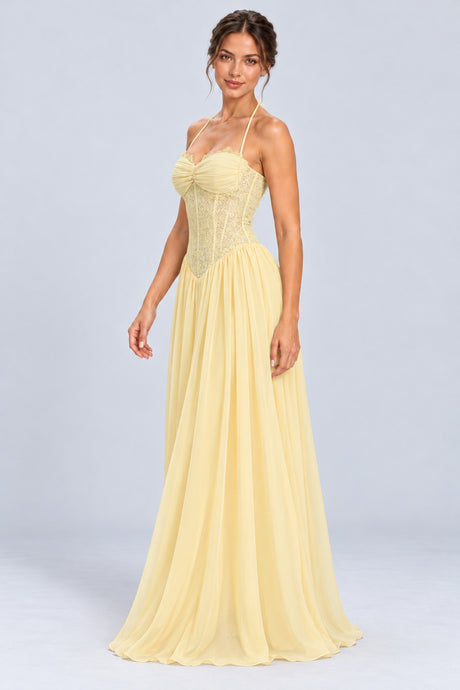 Élodine Halter Lace Corset Chiffon Maxi Dress - Yellow_-_selmori.com_-_05