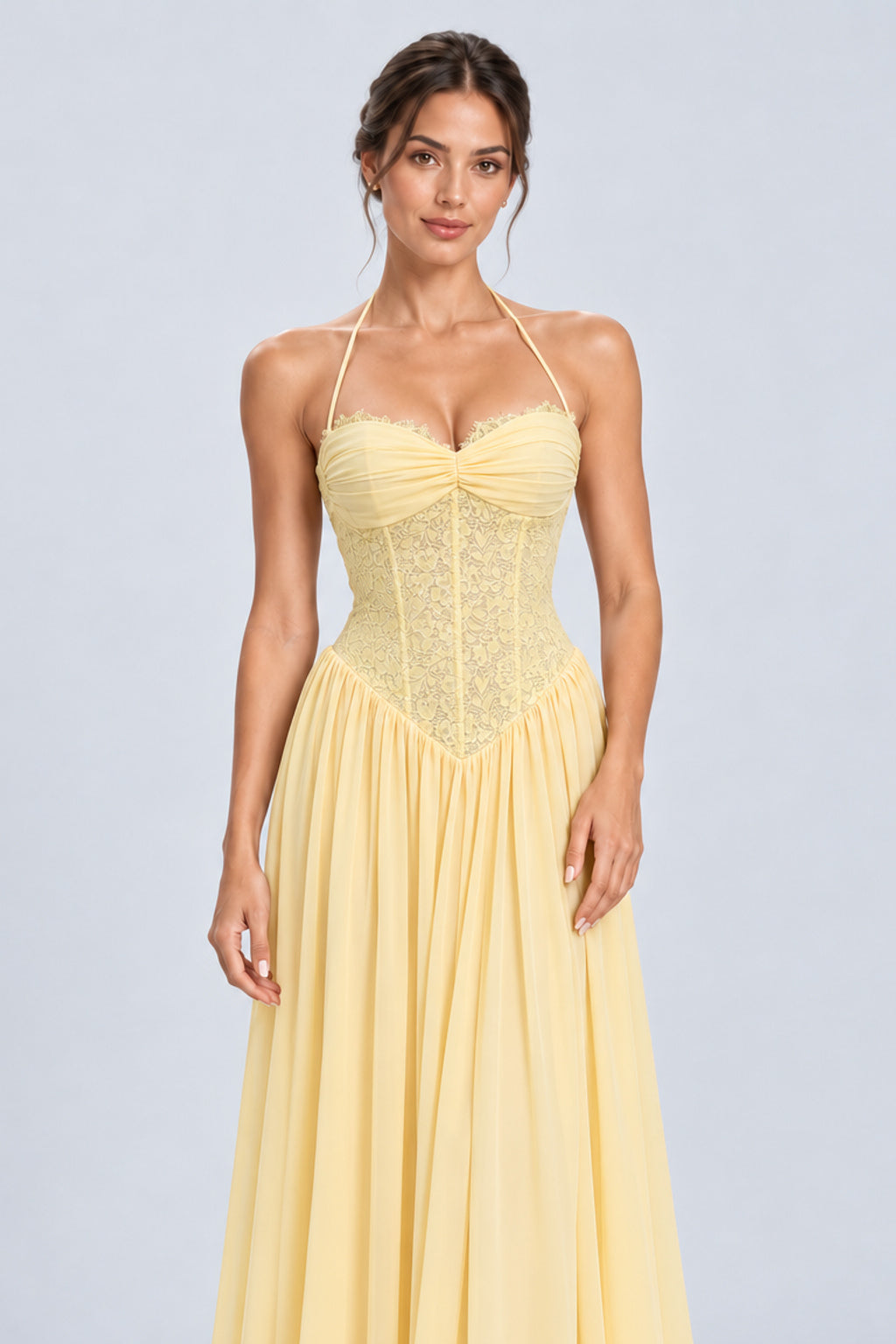 Élodine Halter Lace Corset Chiffon Maxi Dress - Yellow_-_selmori.com_-_07