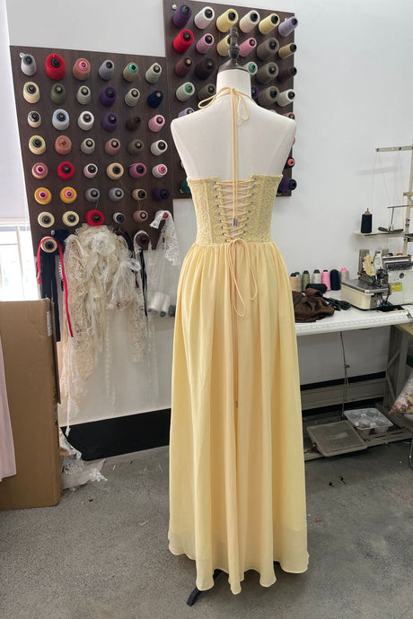 Élodine Halter Lace Corset Chiffon Maxi Dress - Yellow_-_selmori.com_-_09