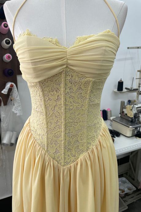 Élodine Halter Lace Corset Chiffon Maxi Dress - Yellow_-_selmori.com_-_10