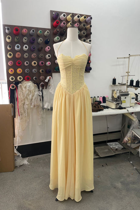 Élodine Halter Lace Corset Chiffon Maxi Dress - Yellow_-_selmori.com_-_13