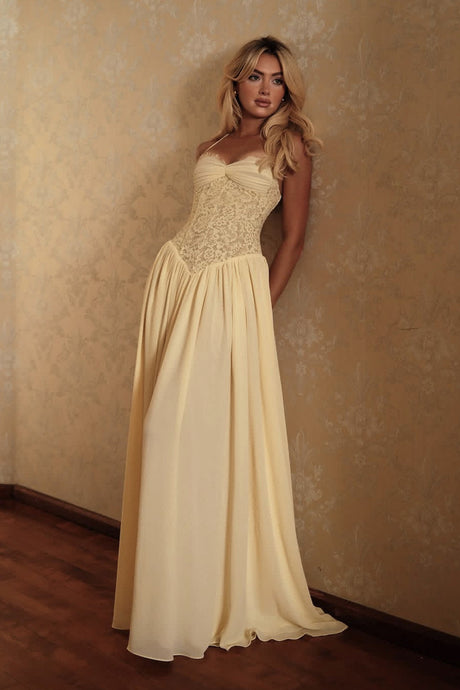 Élodine Halter Lace Corset Chiffon Maxi Dress - Yellow_-_selmori.com_-_14