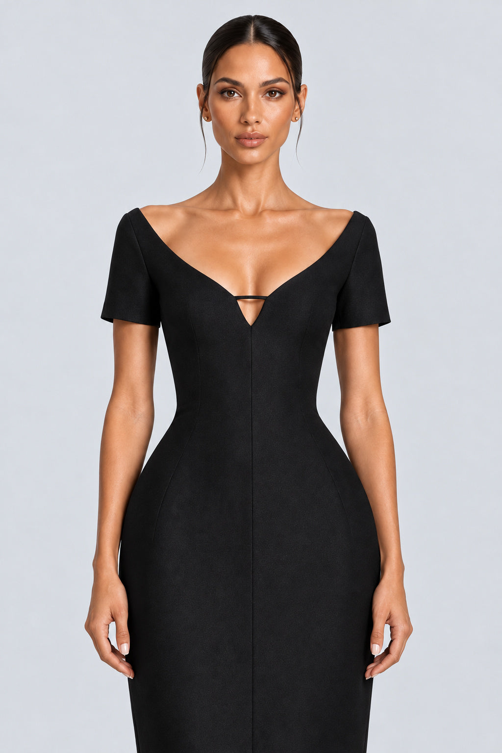 Éloivelle Plunge Neck Sculpted Midi Dress - Black_-_selmori.com_-_07