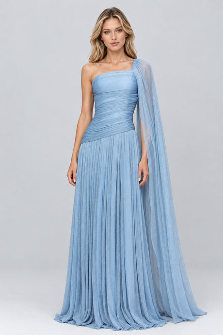 Elorine One Shoulder Ruched Glitter Tulle Maxi Dress with Cape - Blue_-_selmori.com_-_01