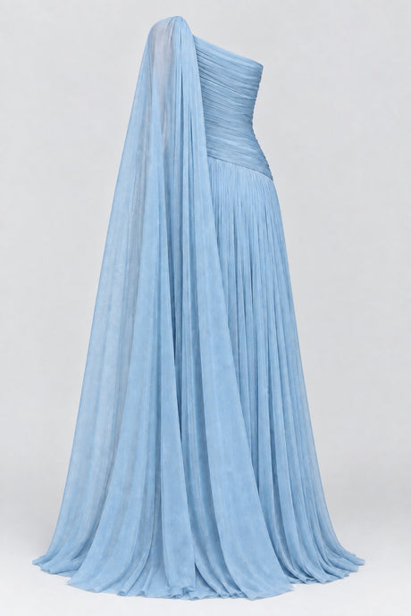 Elorine One Shoulder Ruched Glitter Tulle Maxi Dress with Cape - Blue_-_selmori.com_-_04