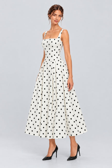 Euphrasie Square Neck Polka Dot Drop Waist Maxi Dress - White_-_selmori.com_-_05