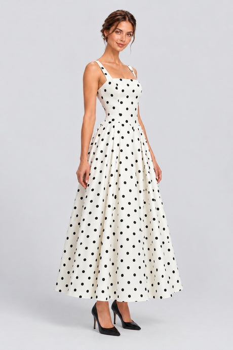 Euphrasie Square Neck Polka Dot Drop Waist Maxi Dress - White_-_selmori.com_-_06