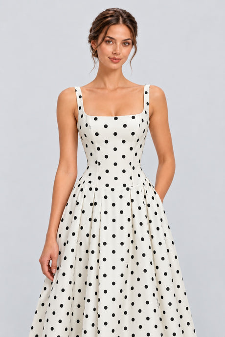 Euphrasie Square Neck Polka Dot Drop Waist Maxi Dress - White_-_selmori.com_-_07