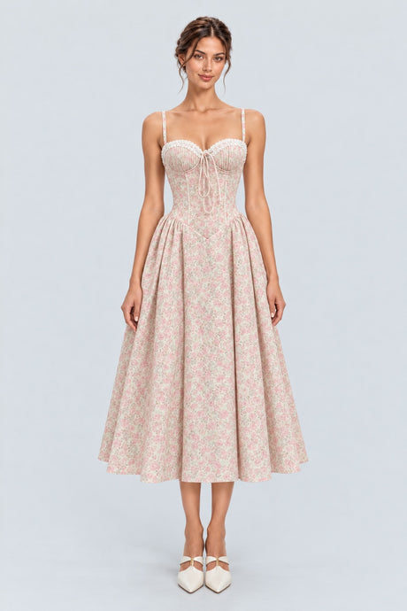 Félicienne Floral Lace-Trim Corset Midi Dress - Floral_-_selmori.com_-_01