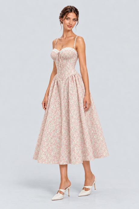 Félicienne Floral Lace-Trim Corset Midi Dress - Floral_-_selmori.com_-_05