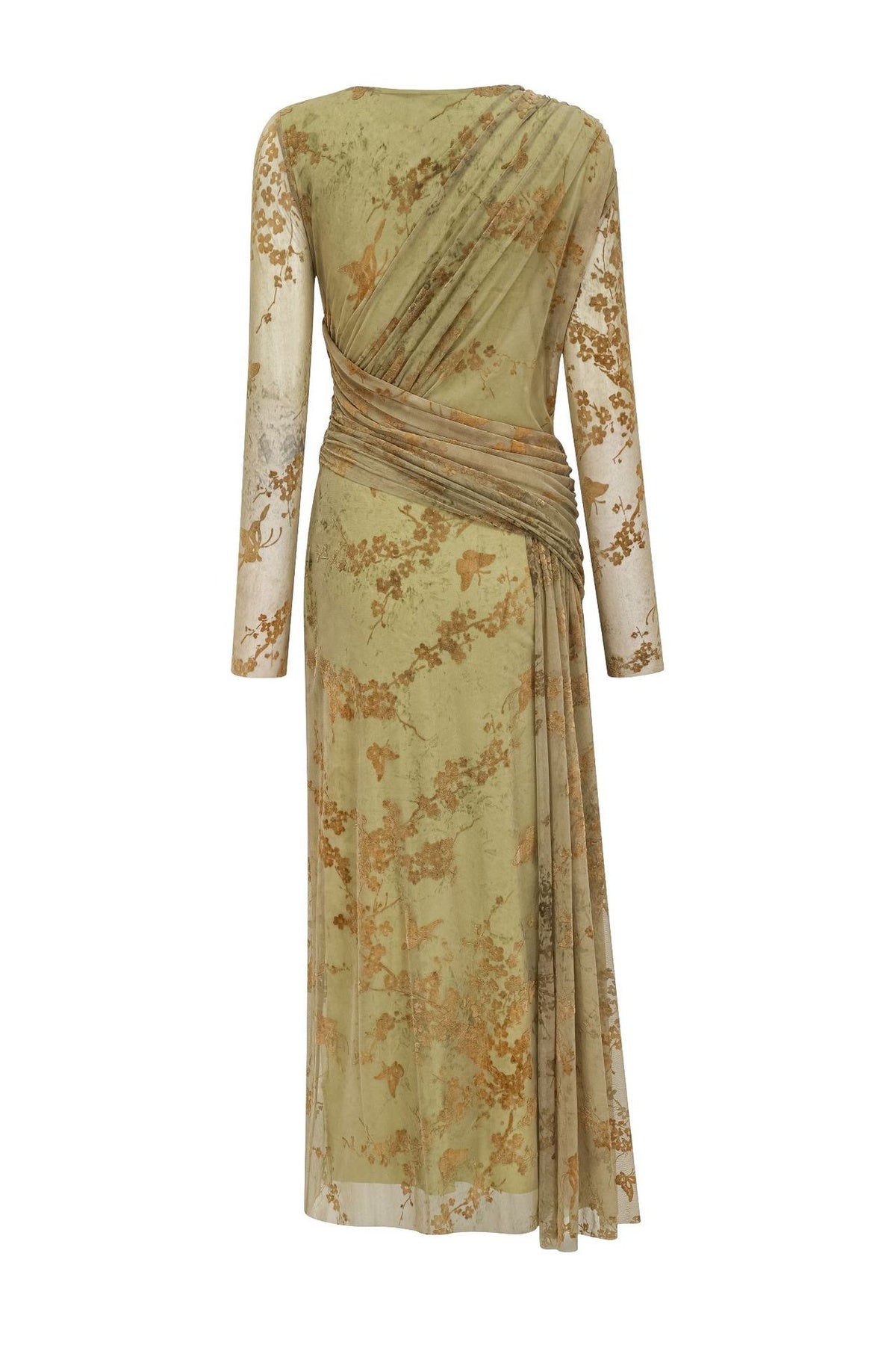 Fleuriane Bateau-Neck Flocked-Floral Mesh Ruched Maxi Dress - Green_-_selmori.com_-_04