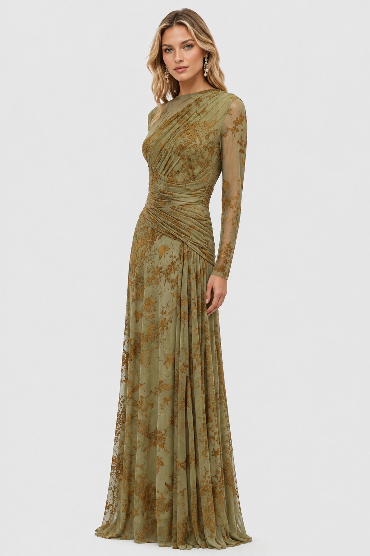 Fleuriane Bateau-Neck Flocked-Floral Mesh Ruched Maxi Dress - Green_-_selmori.com_-_06